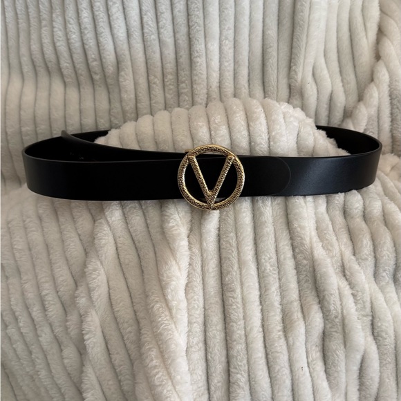 Valentino Garavani Accessories - Valentino Garavani Black Leather Belt with Gold Circular V Buckle